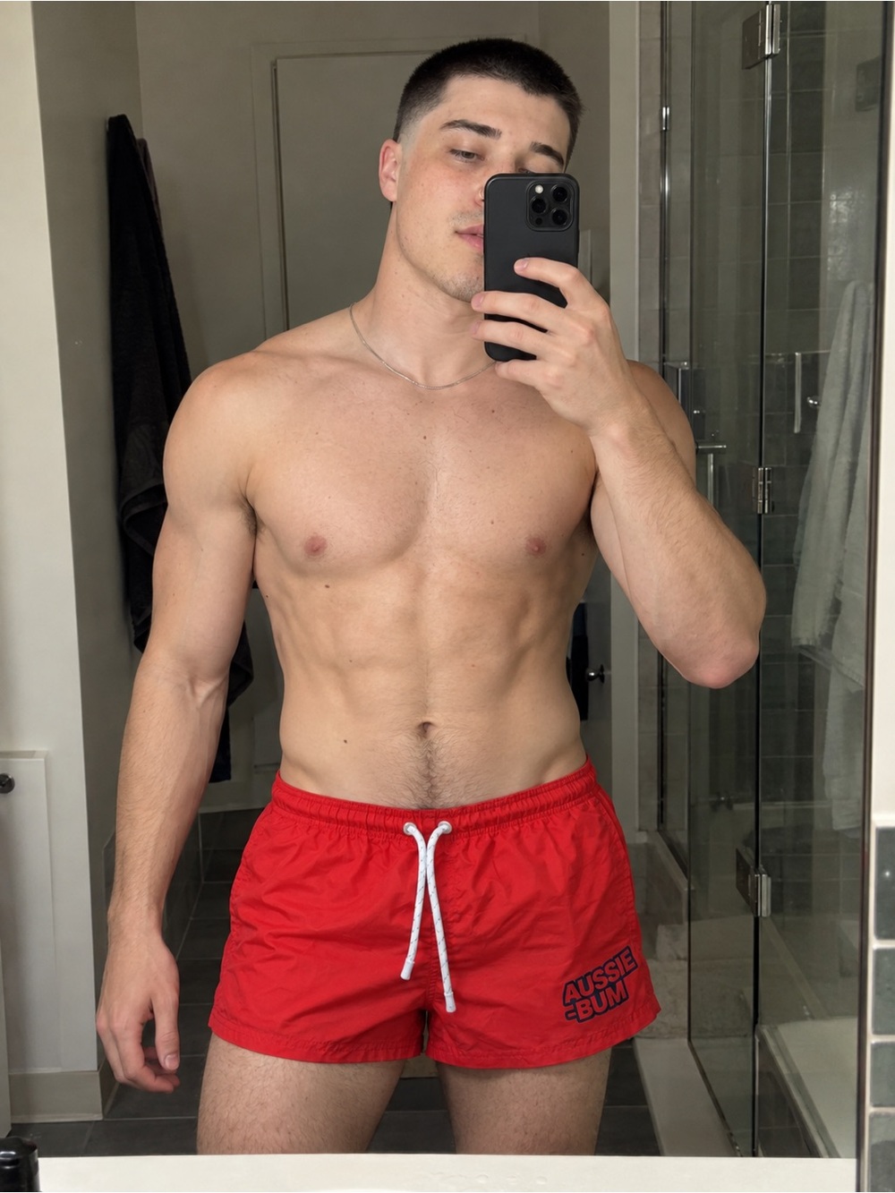 AussieBum Men’s Red Short Inseam Swim Trunks with Drawstring